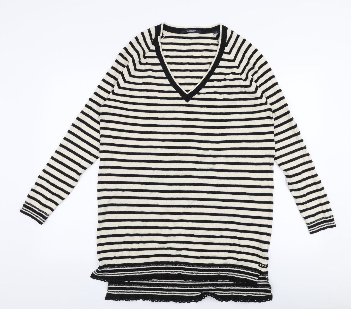 Scotch & Soda Womens Ivory V-Neck Striped Cotton Pullover Jumper Size L