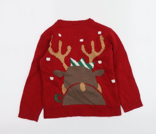 Urban rascals Boys Red Round Neck Geometric Acrylic Pullover Jumper Size 4 Years - Santa Jumper