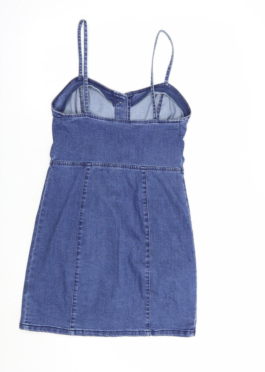 Denim Co. Womens Blue Cotton Pinafore/Dungaree Dress Size 8 Sweetheart Button
