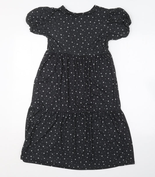 COLLECTIVE Womens Black Floral Polyester Mini Size 10 Crew Neck