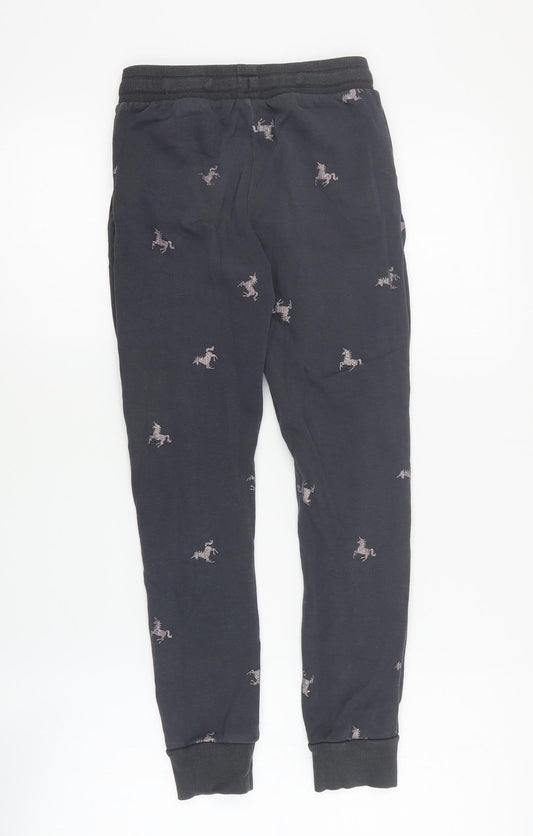 H&M Girls Grey Geometric Cotton Jogger Trousers Size 9 Months Regular Drawstring - Unicorn