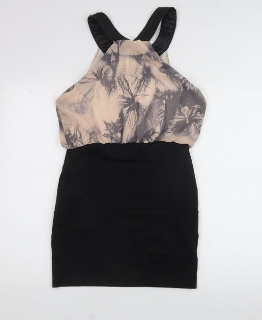 Crafted Womens Black Floral Polyester A-Line Size 10 Halter