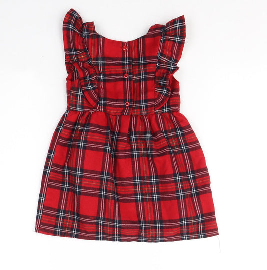 Primark Girls Red Plaid Cotton A-Line Size 18-24 Months Round Neck Button