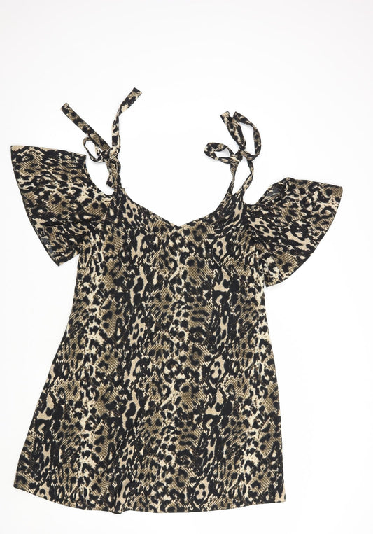 George Womens Brown Animal Print Polyester Fit & Flare Size 10 V-Neck Tie