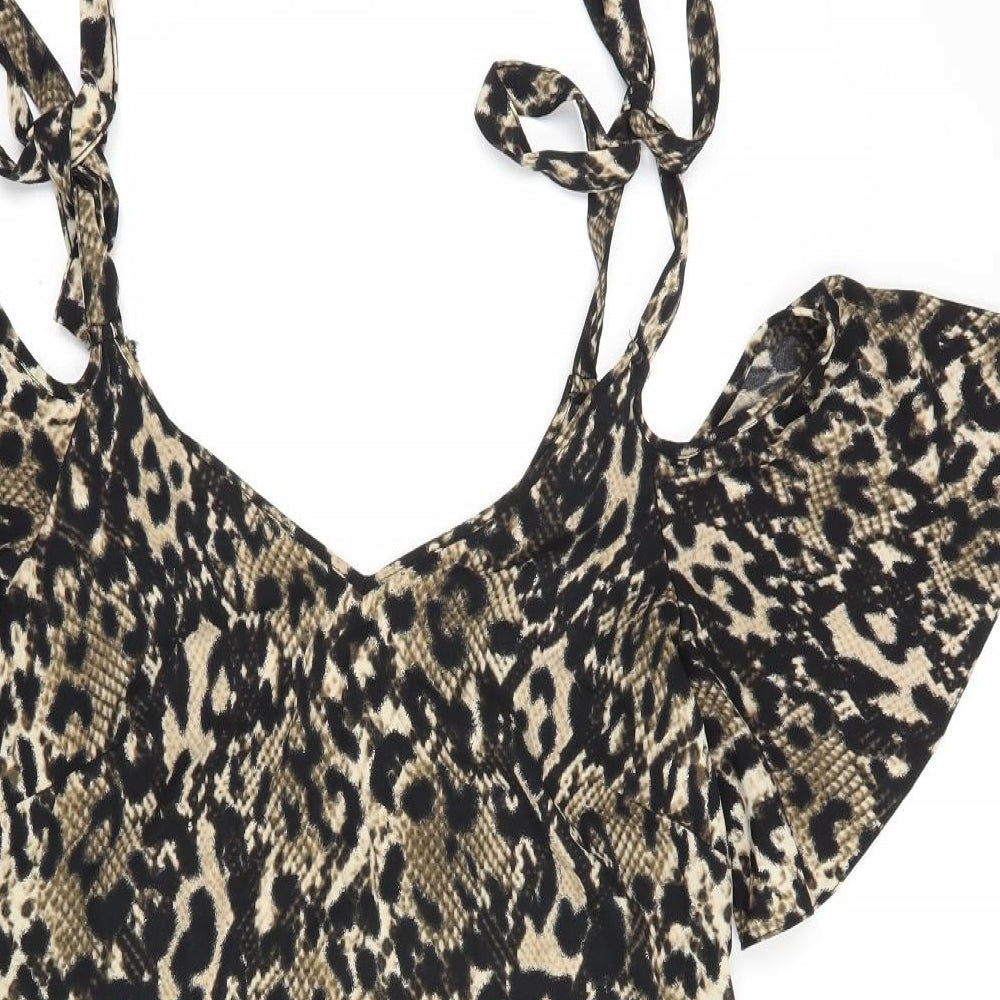 George Womens Brown Animal Print Polyester Fit & Flare Size 10 V-Neck Tie