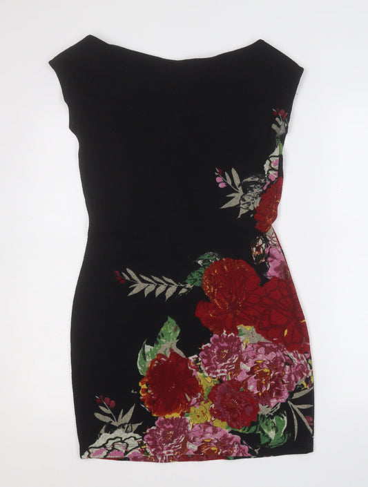 Johnny Martin Womens Black Floral Polyester A-Line Size M Round Neck