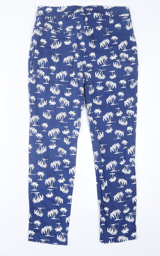 label Be Womens Blue Geometric Cotton Trousers Size 12 L26 in Regular Hook & Eye