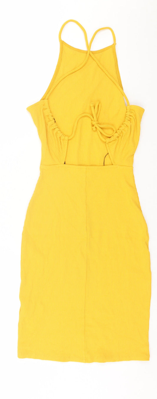 H&M Womens Yellow Viscose Bodycon Size XS Scoop Neck Tie