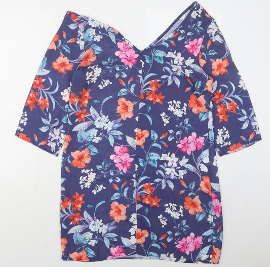 Boohoo Womens Blue Floral Polyester Mini Size 12 V-Neck Pullover