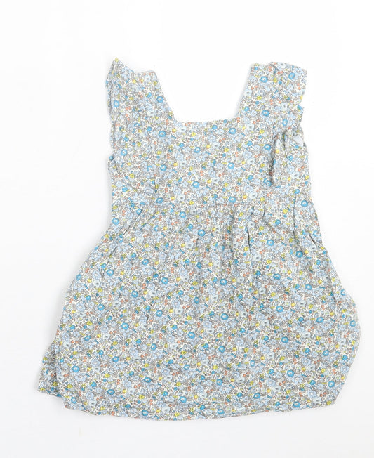 Preworn Girls Blue Floral Cotton A-Line Size 2 Years Crew Neck Pullover