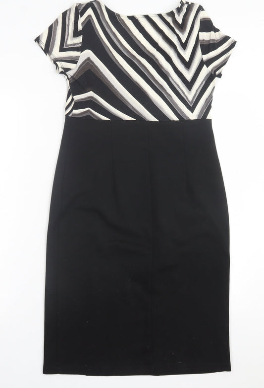 BHS Womens Black Striped Polyester A-Line Size 12 V-Neck Pullover