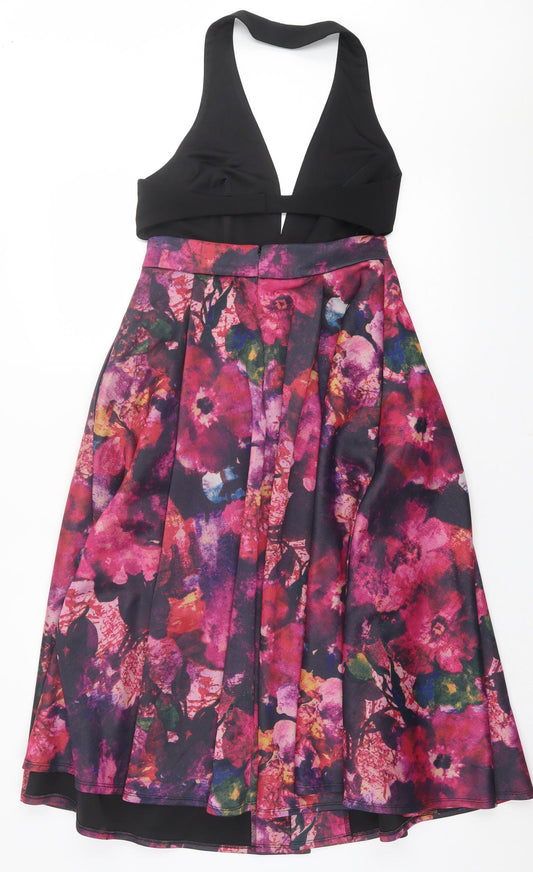 A.B.S Collection Womens Purple Floral Polyester Fit & Flare Size S Halter Button