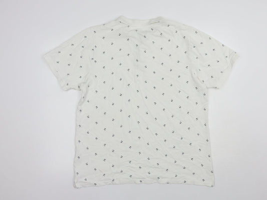 Fabric8 Mens White Geometric Cotton Polo Size L Collared Button - Palm Tree Print