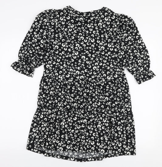 Papaya Womens Black Floral Polyester Trapeze & Swing Size S Round Neck Pullover - Smock dress