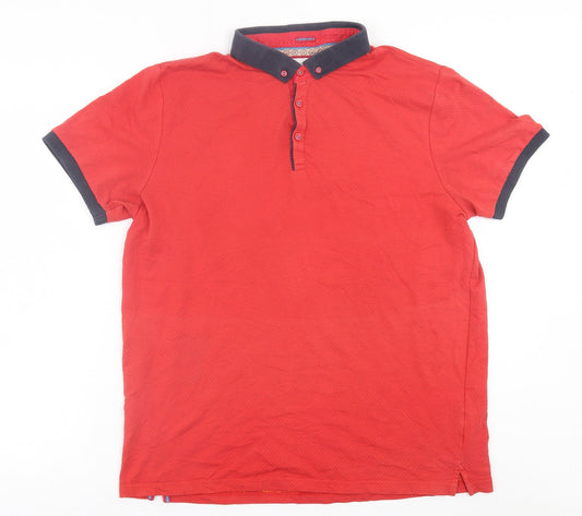 Centered Mens Red Cotton Polo Size L Collared Button
