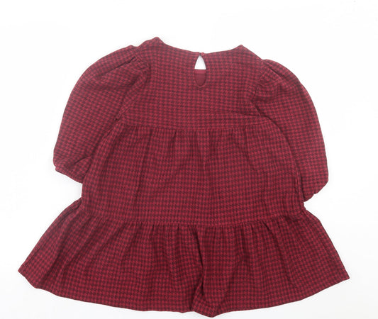 NEXT Girls Red Houndstooth Polyester A-Line Size 11 Years Crew Neck Button