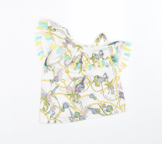 River Island Girls White Geometric Polyester Tunic T-Shirt Size 2-3 Years Round Neck - Sea Creatures Assymetrical