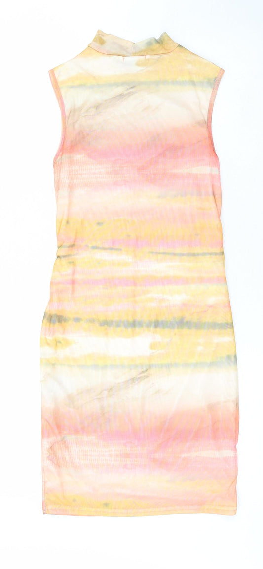 PRETTYLITTLETHING Womens Multicoloured Tie Dye Polyester Pencil Dress Size 10 Collared