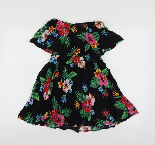 New Look Womens Black Floral Polyester Mini Size 8 Square Neck
