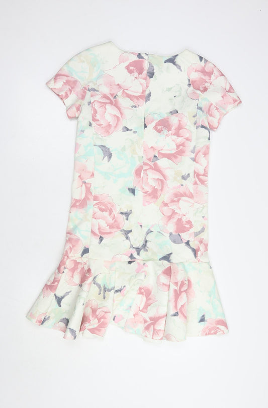 Marks and Spencer Womens White Floral Polyester Pencil Dress Size 6 Boat Neck Zip
