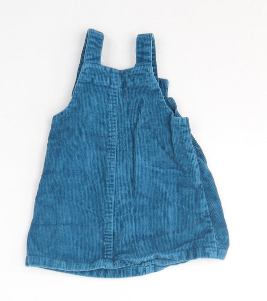Dunnes Stores Girls Blue Cotton Pinafore/Dungaree Dress Size 6-9 Months Square Neck Button