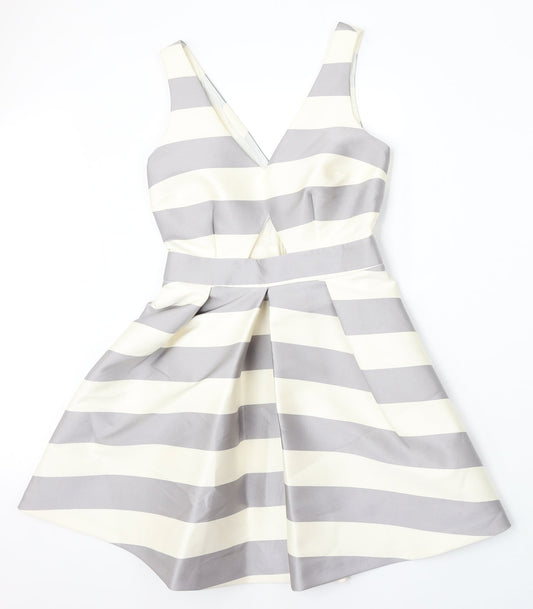 Topshop Womens Beige Striped Polyester Skater Dress Size 6 V-Neck