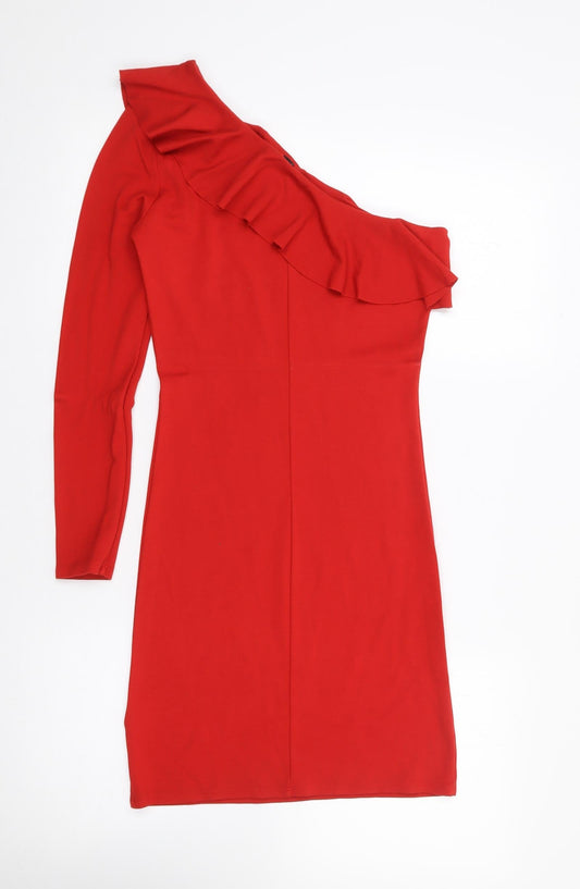 H&M Womens Red Viscose Bodycon Size 10 One Shoulder Pullover