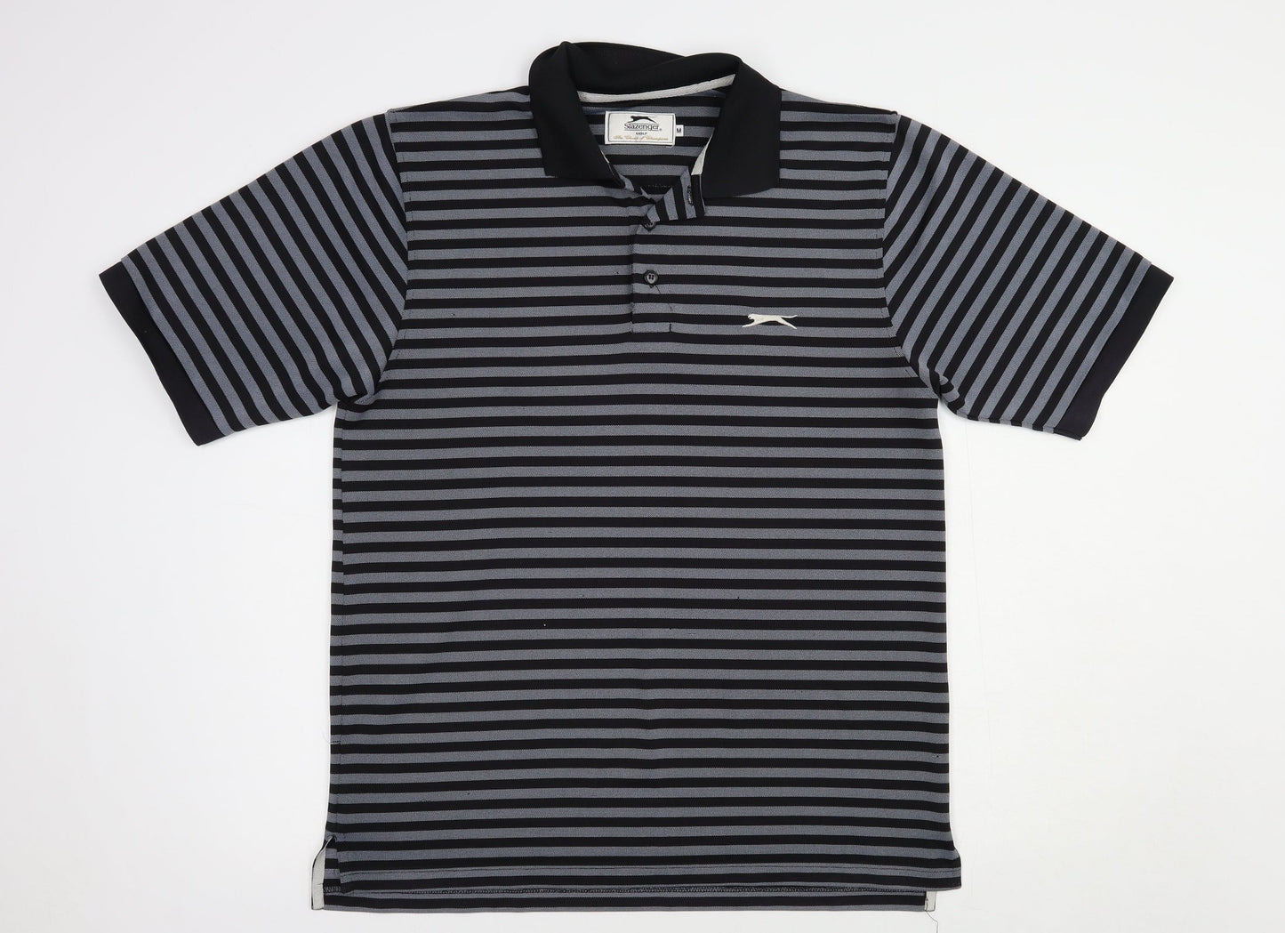 Slazenger Mens Black Striped Polyester Polo Size M Collared Button