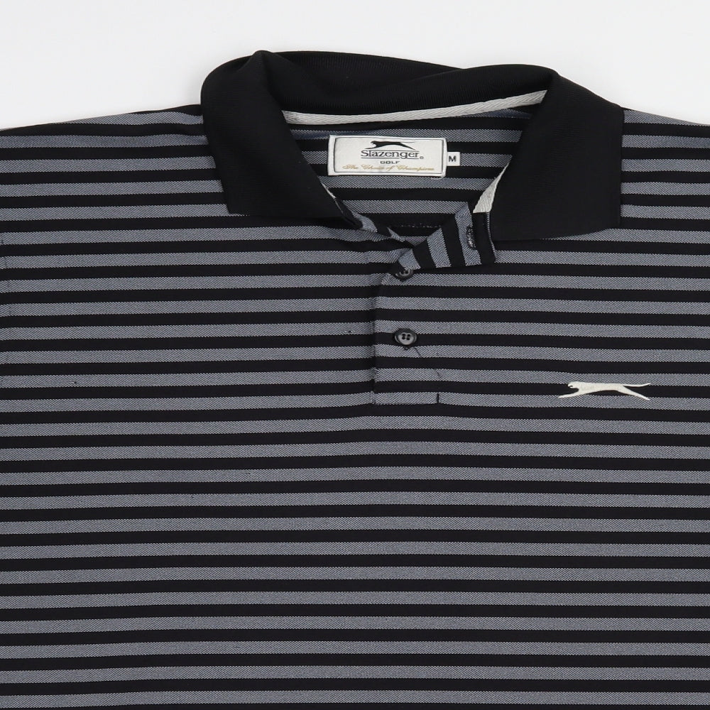 Slazenger Mens Black Striped Polyester Polo Size M Collared Button