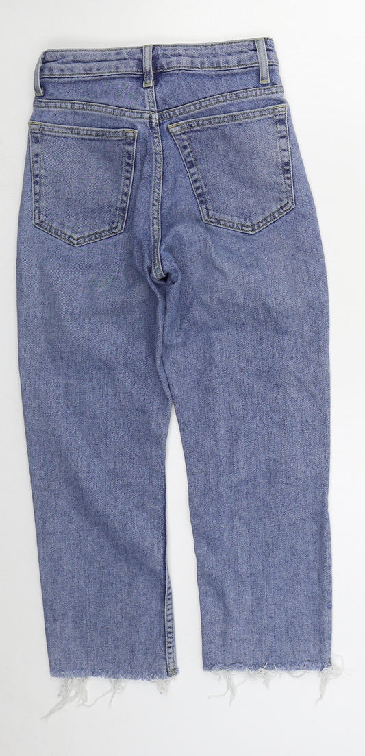Topshop Womens Blue Cotton Straight Jeans Size 24 in L21 in Regular Button - Distressed Hem