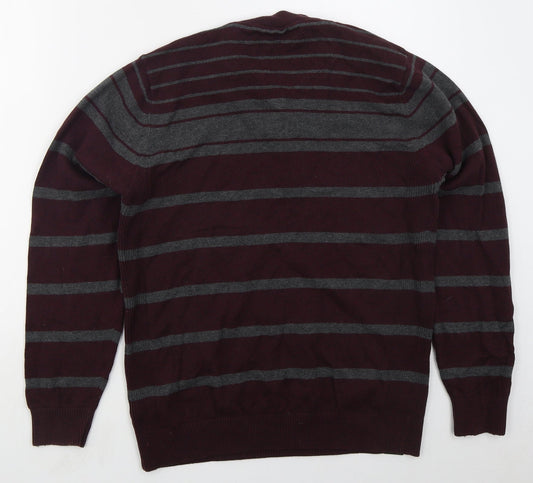 NEXT Mens Red V-Neck Striped Cotton Pullover Jumper Size M - Burgundy
