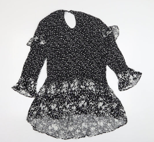 New Look Womens Black Floral Viscose A-Line Size 10 Round Neck
