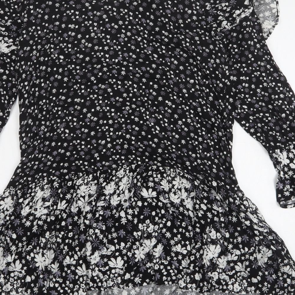 New Look Womens Black Floral Viscose A-Line Size 10 Round Neck