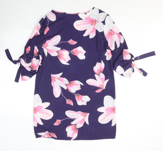 Preworn Womens Purple Floral Polyester A-Line Size L Round Neck Pullover