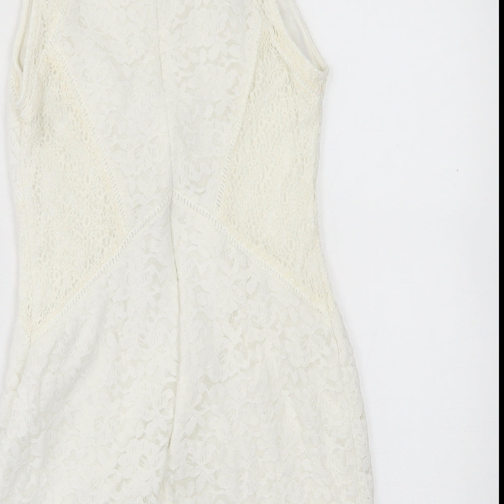 Topshop Womens White Floral Nylon A-Line Size 10 Crew Neck Zip