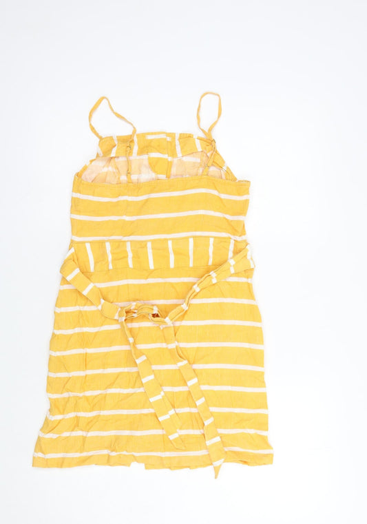 River Island Womens Yellow Striped Viscose Tank Dress Size 8 Square Neck Tie