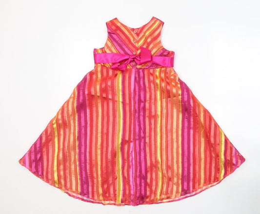 TU Womens Pink Striped Polyester Fit & Flare Size 6 Round Neck Button