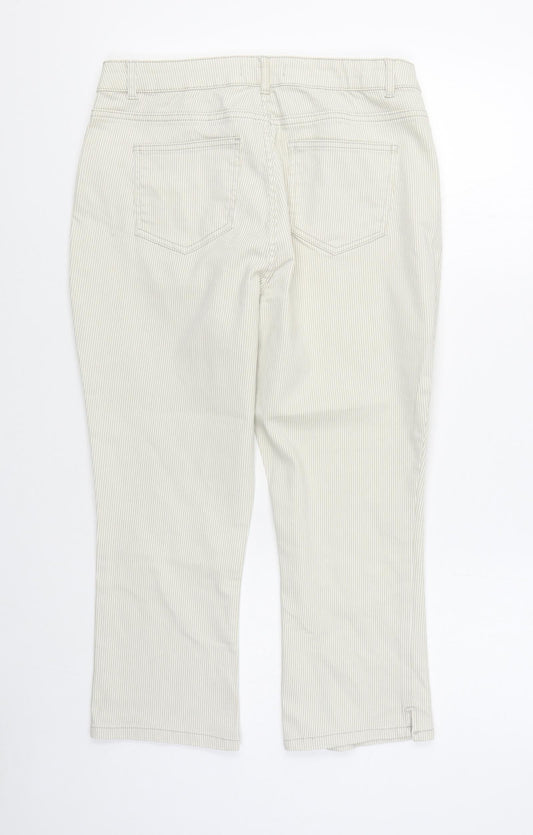 Dunnes Stores Womens Beige Striped Cotton Trousers Size 14 L22 in Regular Zip