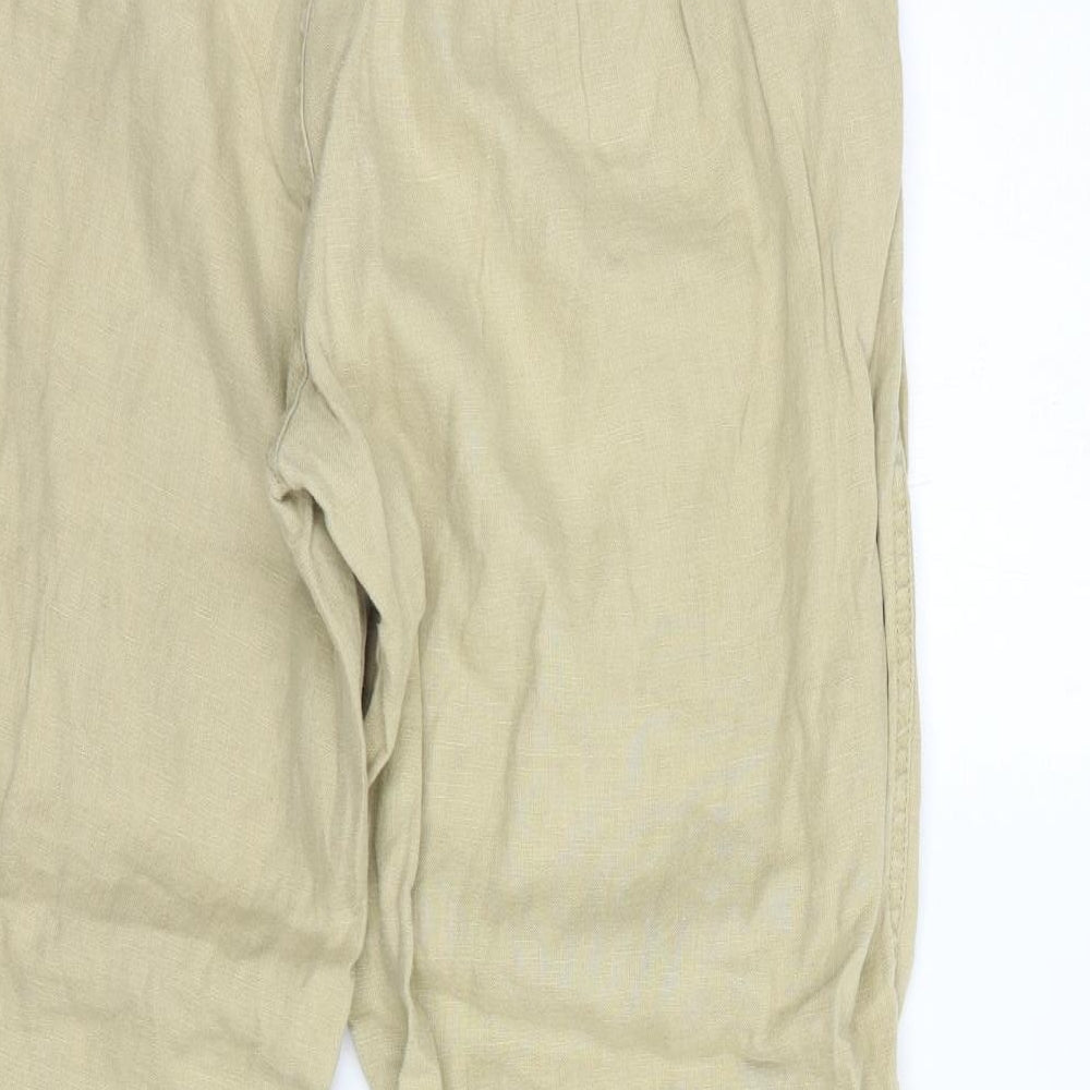 Brand and care label for 28 Palms women’s beige linen trousers, size UK 12, 28-inch leg regular button