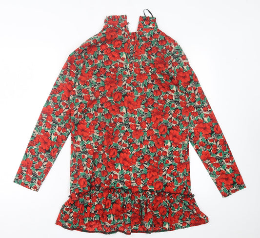Missguided Womens Red Floral Polyester A-Line Size 8 High Neck Button