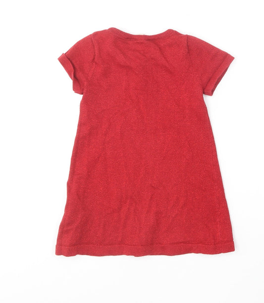 H&M Girls Red Cotton A-Line Size 2-3 Years Round Neck