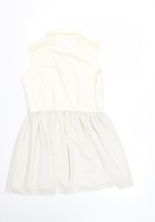 Marks and Spencer Womens White Polka Dot Cotton Fit & Flare Size M Collared Button