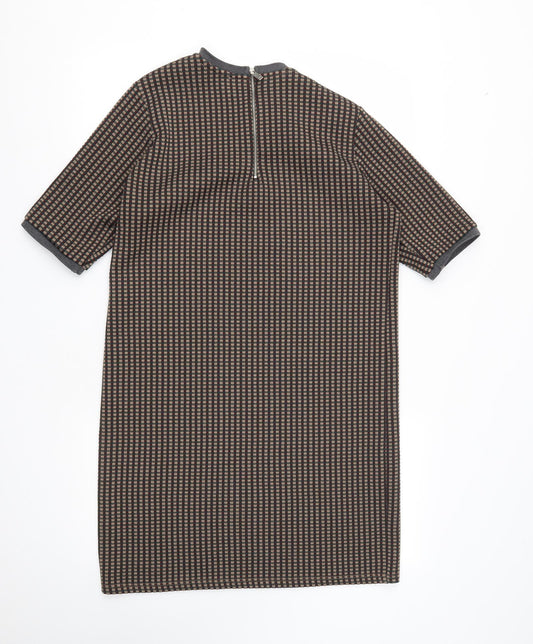 Zara Womens Brown Plaid Polyester A-Line Size L Round Neck Zip