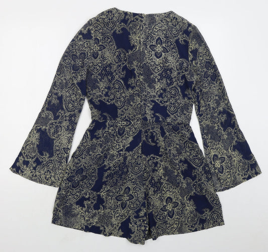 Fashion Union Womens Blue Paisley Polyester Playsuit One-Piece Size 10 L3 in Zip