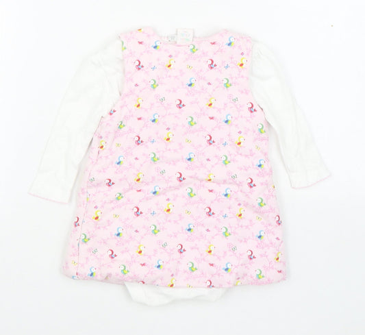 Mini Club Girls Pink Geometric Cotton Pinafore/Dungaree Dress Size 3-6 Months Round Neck Button - 2 Piece set