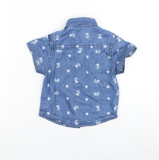 Rebel Boys Blue Cotton Basic Button-Up Size 9-12 Months Collared Button - Anchor