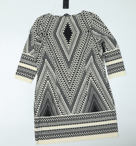 F&F Womens Ivory Geometric Polyester Shirt Dress Size 14 Round Neck