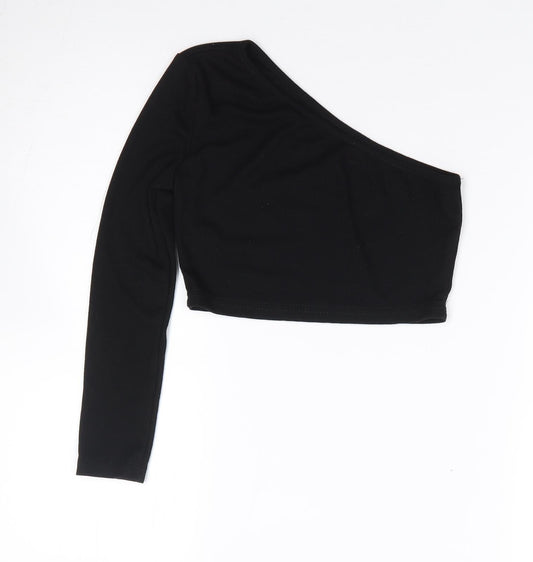 SheIn Girls Black Cotton Cropped T-Shirt Size 10 Years One Shoulder Pullover - Ribbed
