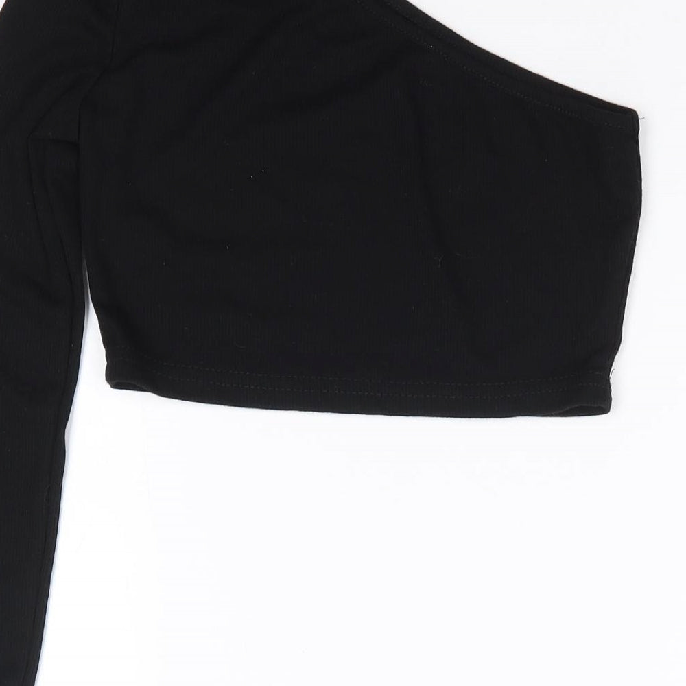 SheIn Girls Black Cotton Cropped T-Shirt Size 10 Years One Shoulder Pullover - Ribbed