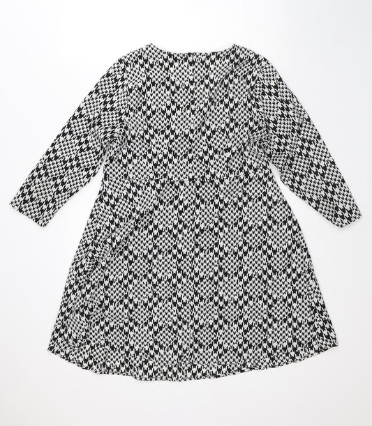 New Look Womens White Geometric Polyester A-Line Size 12 Round Neck